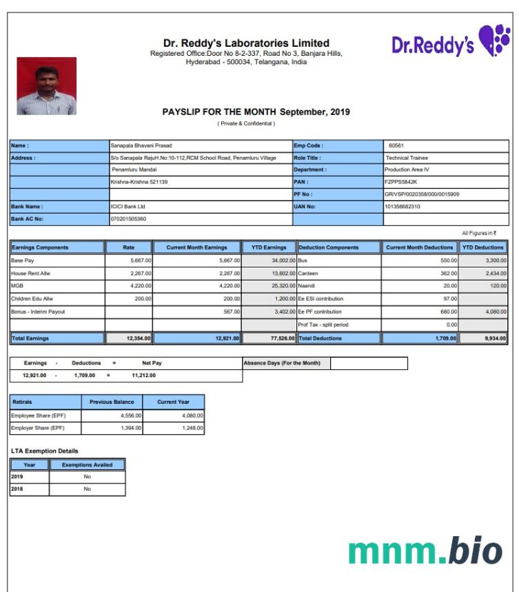 Dr. Reddy' s Laboratories Limited Pay stub w formacie PDF i Word
